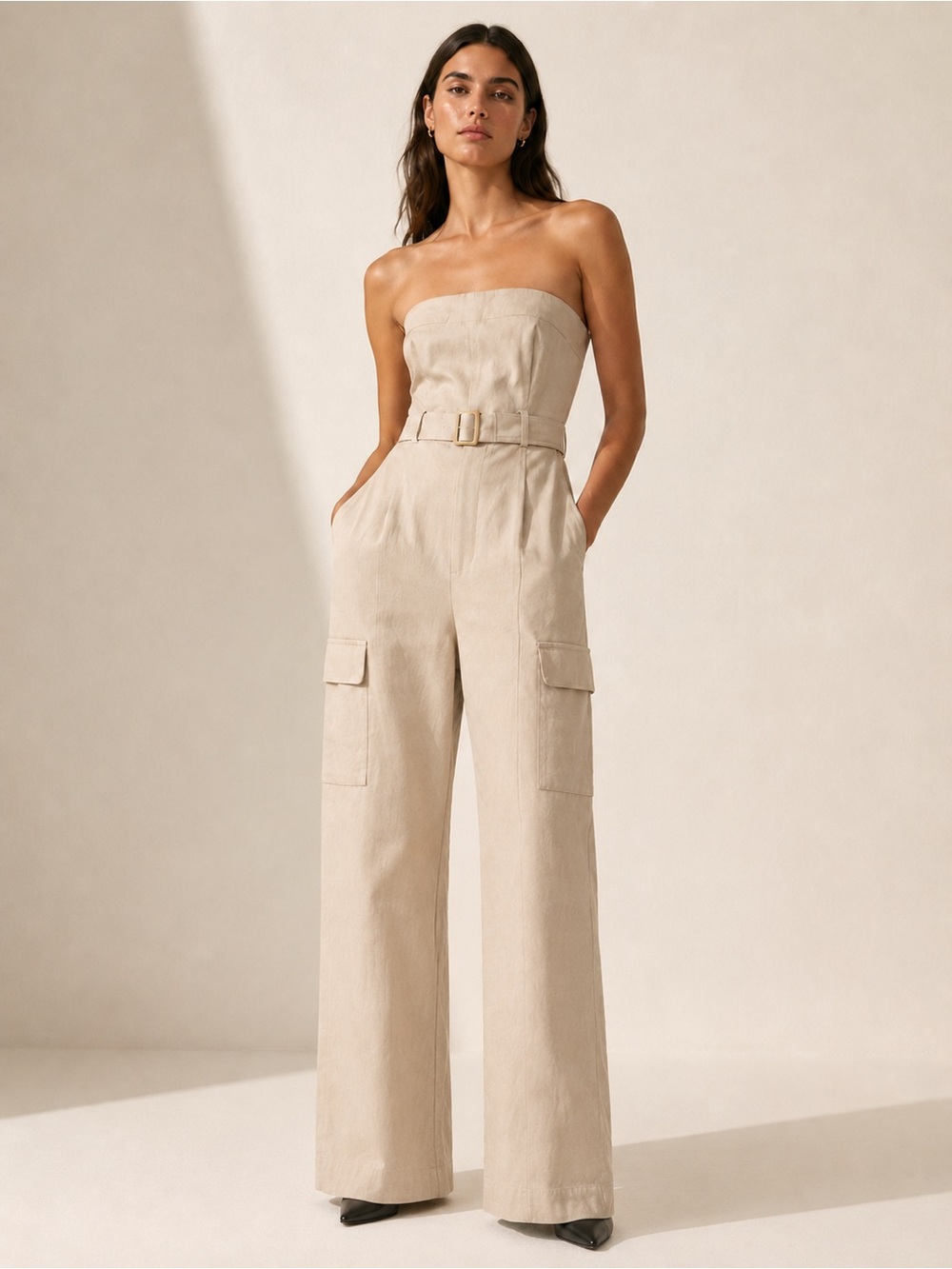 Zara Strapless Beige Cargo Wide-Leg Jumpsuit with Belt
